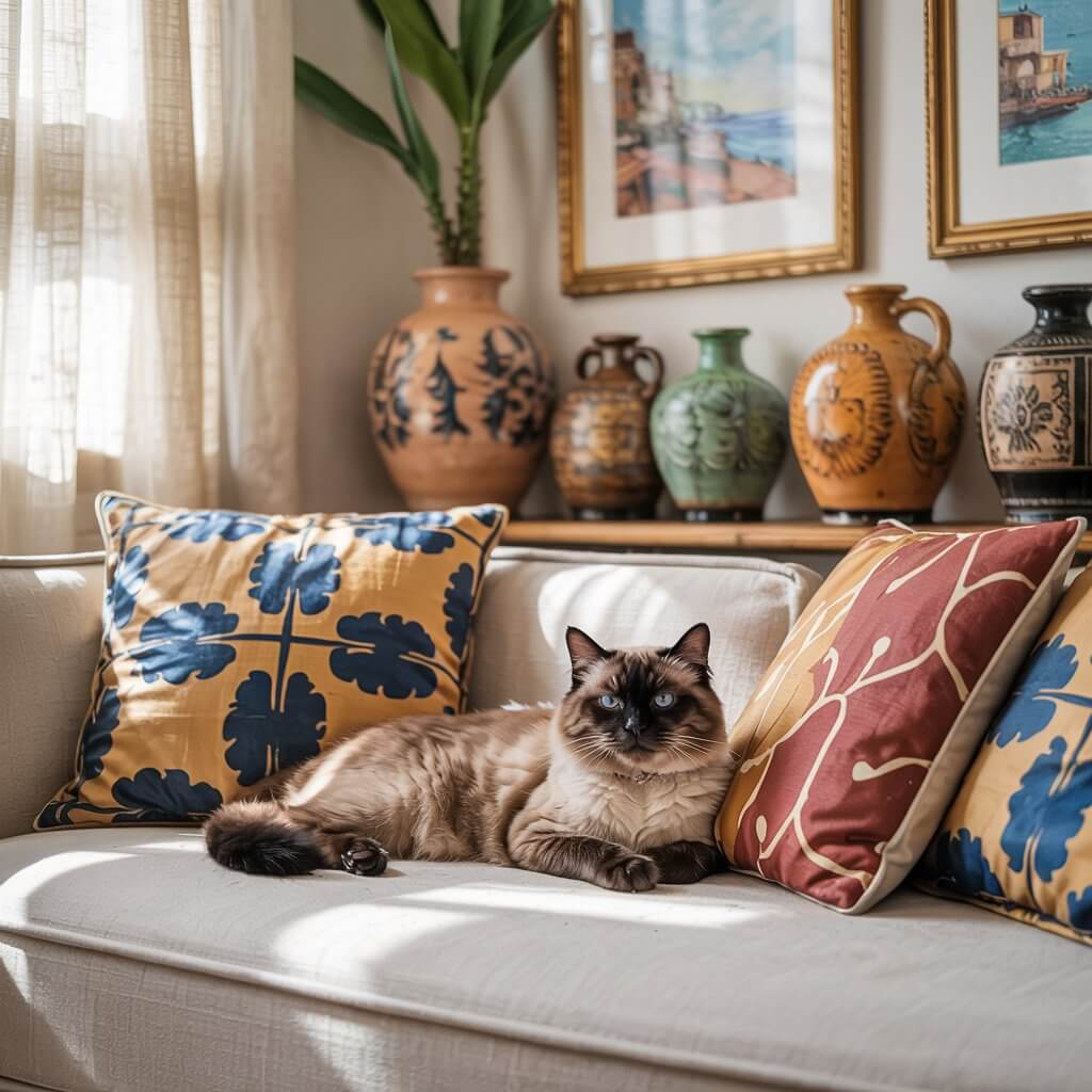 A cat lounges on a beige sofa with colorful pillows, surrounded by decorative pottery and framed paintings, in a cozy, sunlit room.