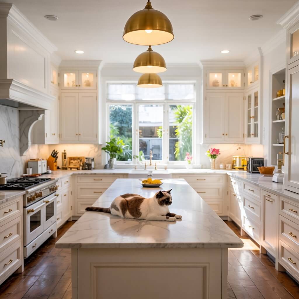 Bright, modern kitchen with white cabinets and marble countertops. A cat lounges on the island beneath elegant pendant lights, with greenery visible outside.