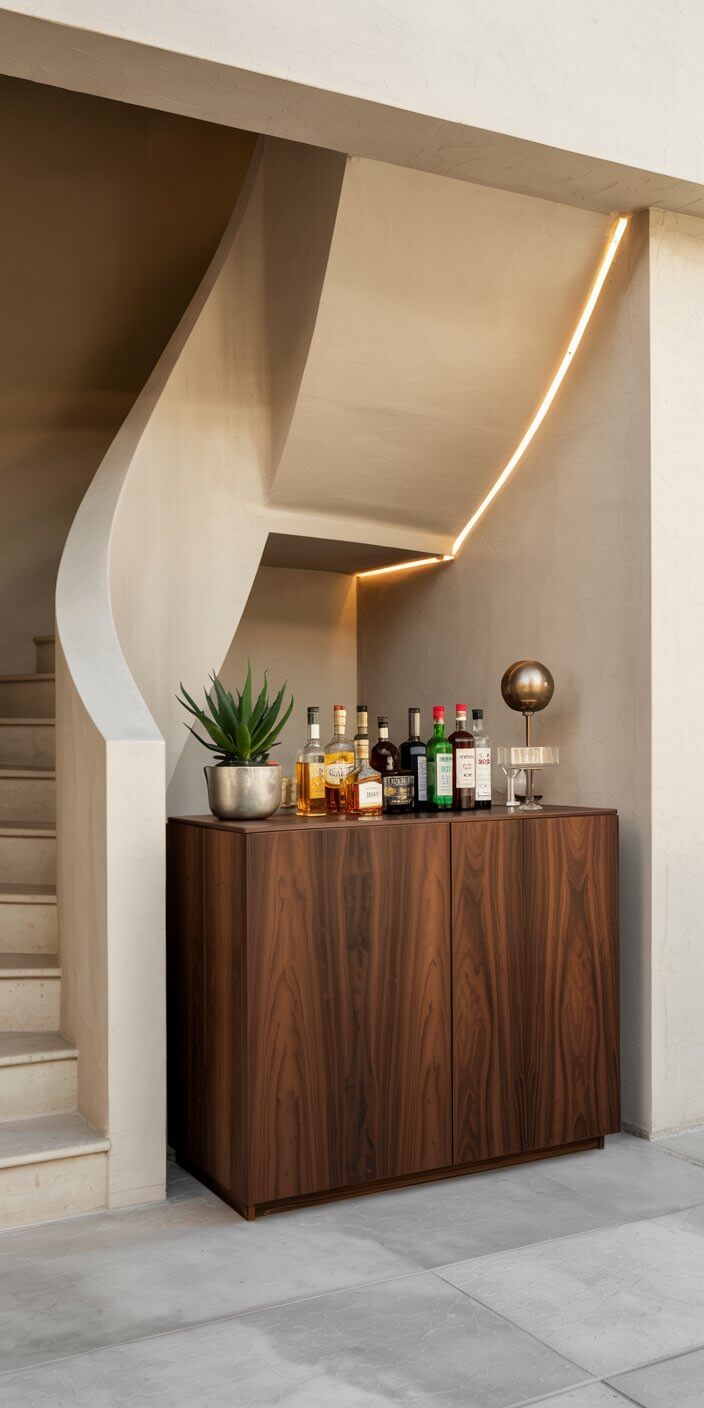 Elegant wooden bar with liquor bottles and plant, set against a modern spiral staircase with soft lighting. Minimalist and stylish decor.