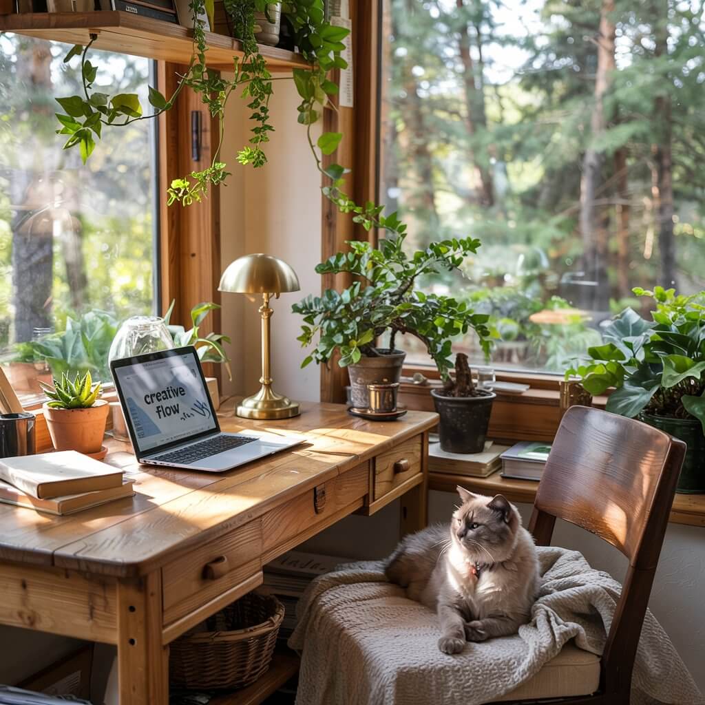 Cozy workspace with wooden desk, laptop displaying "creative flow," surrounded by plants. A fluffy cat relaxes on a chair by a sunlit window.