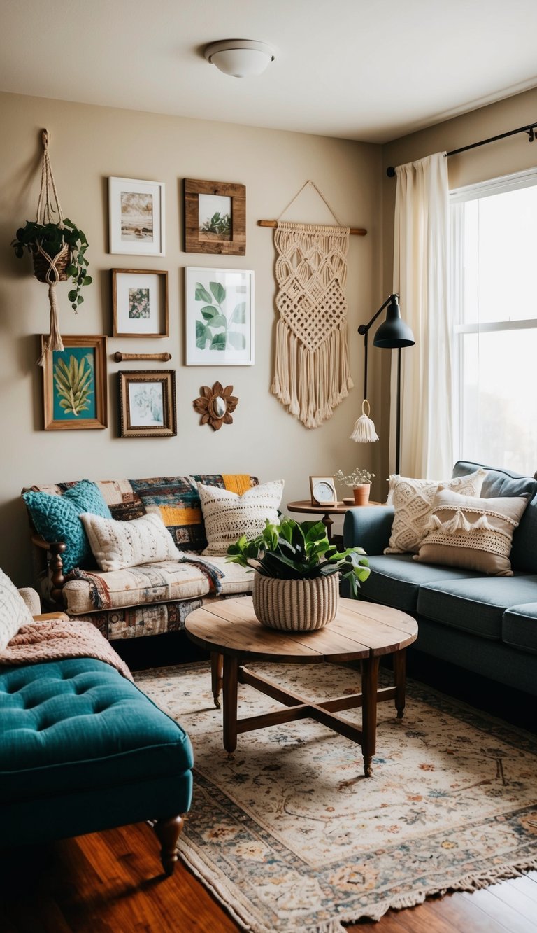A cozy living room with mismatched vintage furniture, handmade throw pillows, rustic wooden accents, a gallery wall of thrifted art, and a DIY macrame plant hanger