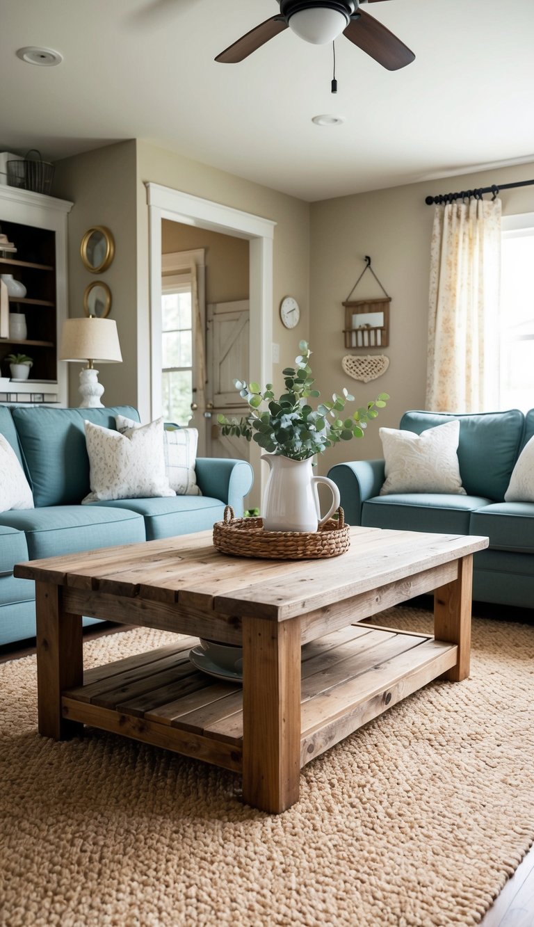 A cozy living room with a reclaimed wood coffee table, surrounded by cottage-style decor and budget-friendly accents