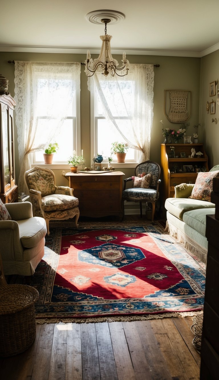 A cozy living room with vintage rugs, mismatched furniture, and thrifted decor. Sunlight streams through lace curtains onto the worn hardwood floors