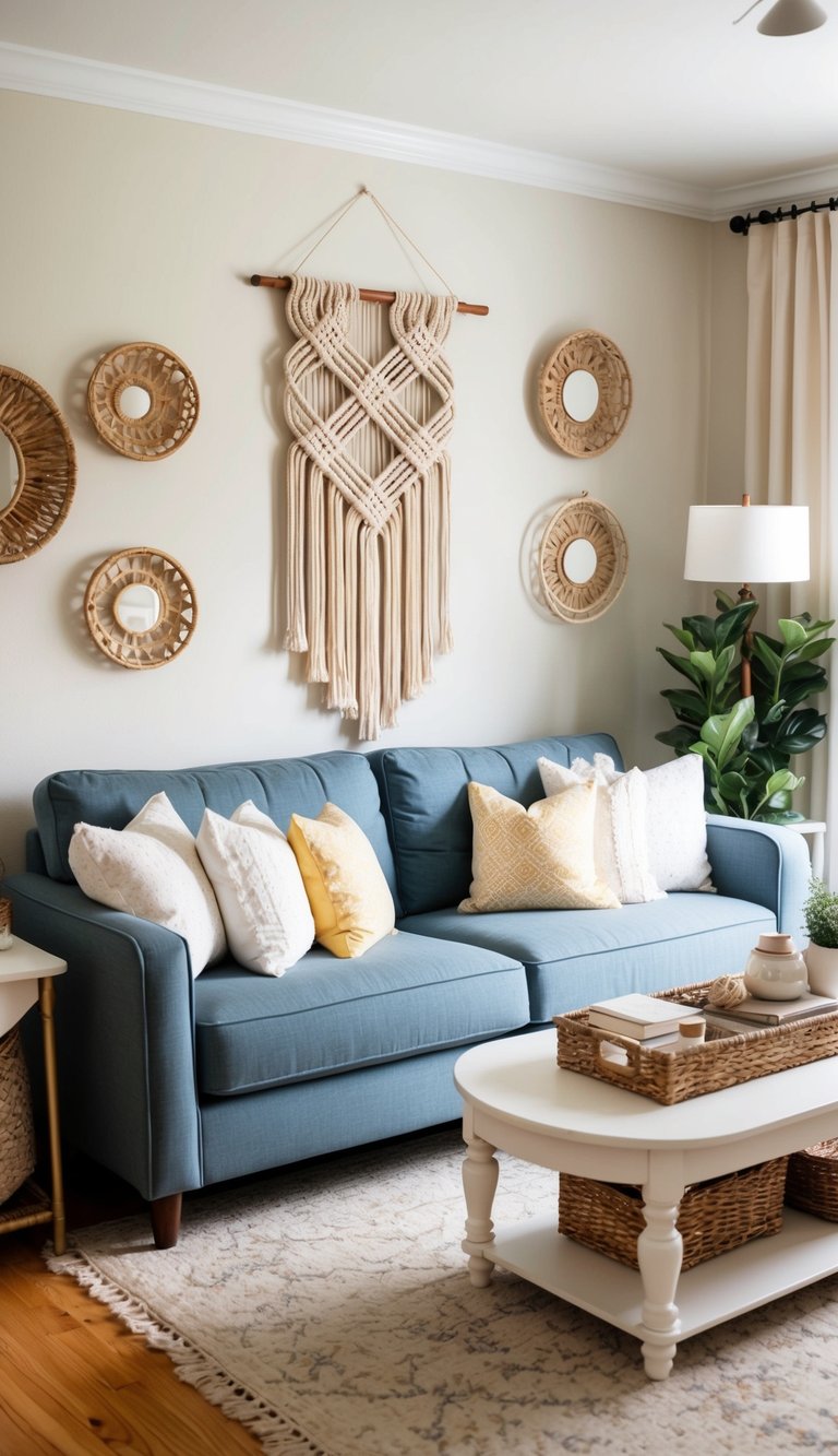 A cozy living room with DIY macrame wall art, surrounded by cottage decor and budget-friendly accents