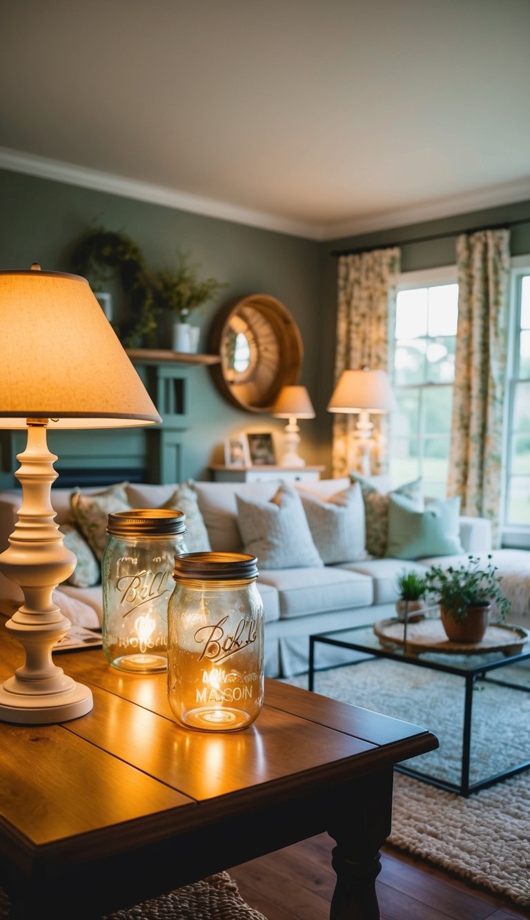 A cozy living room with repurposed mason jar lamps casting a warm glow, surrounded by cottage-inspired decor on a budget