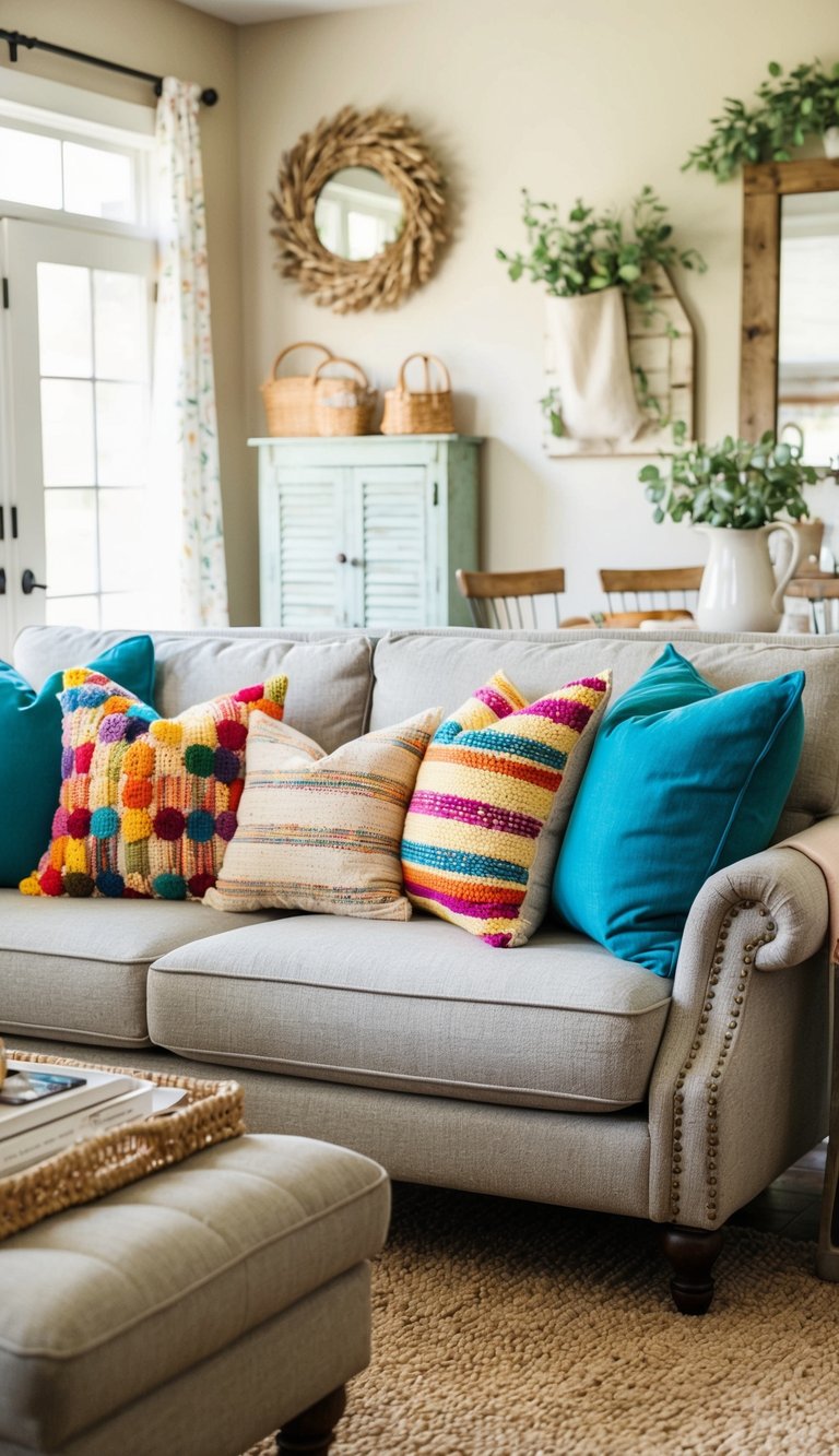 A cozy living room with colorful throw pillows on a budget-friendly sofa, surrounded by rustic cottage decor