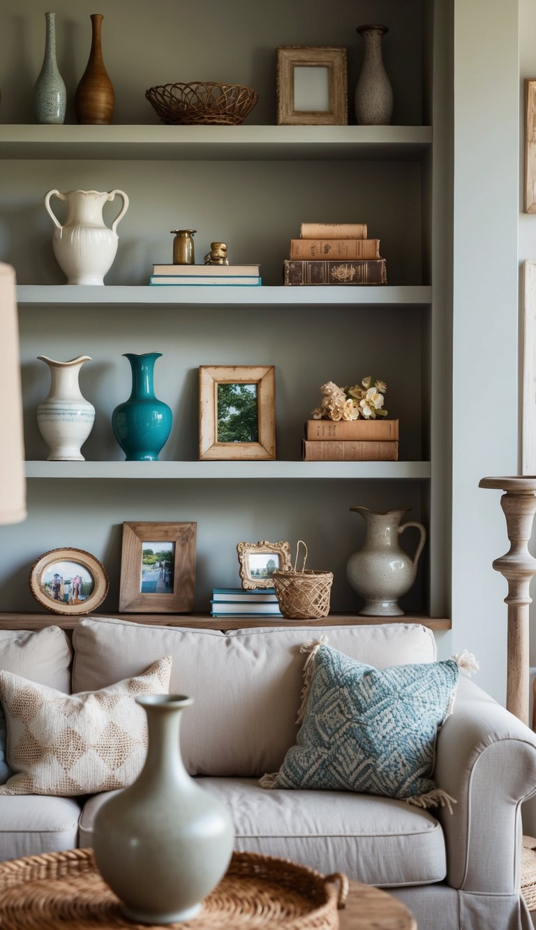 A cozy living room with secondhand wooden shelves displaying various cottage home decor items, such as vintage vases, books, and rustic picture frames