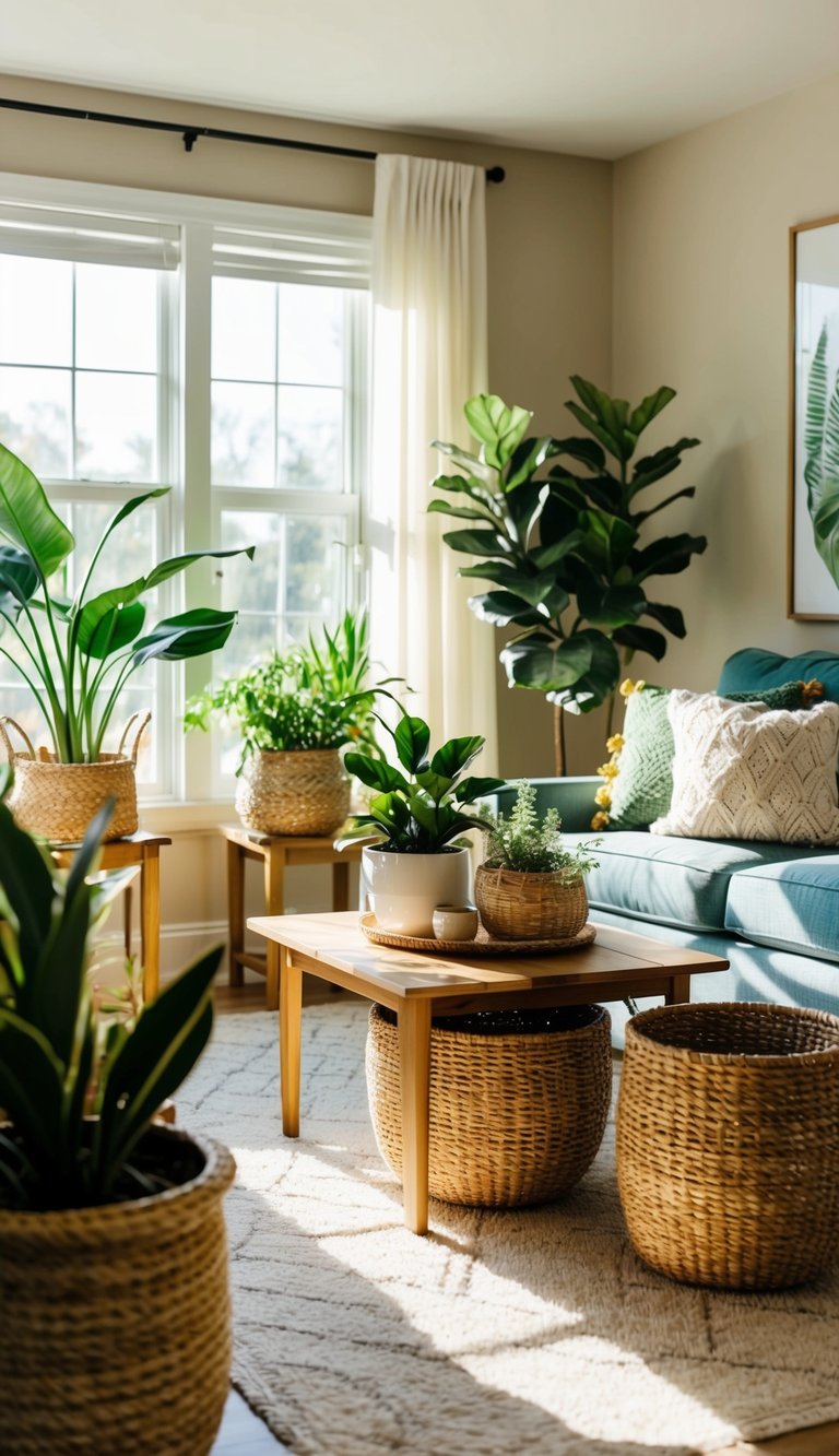 A cozy living room with potted plants, woven baskets, wooden furniture, and nature-inspired artwork. Sunlight streams in through the windows, creating a warm and inviting atmosphere