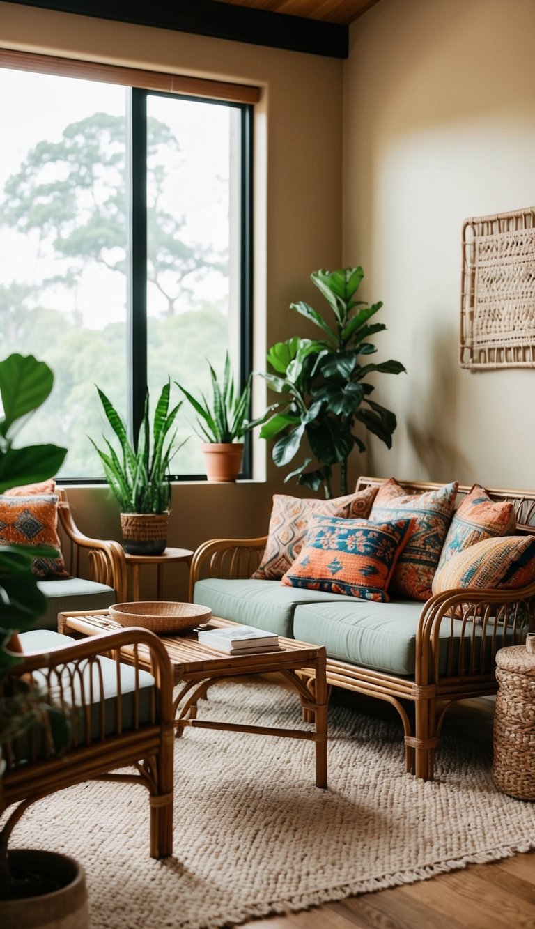 A cozy living room with earthy tones, rattan furniture, and colorful patterned pillows. A large window lets in natural light, and potted plants add a touch of greenery