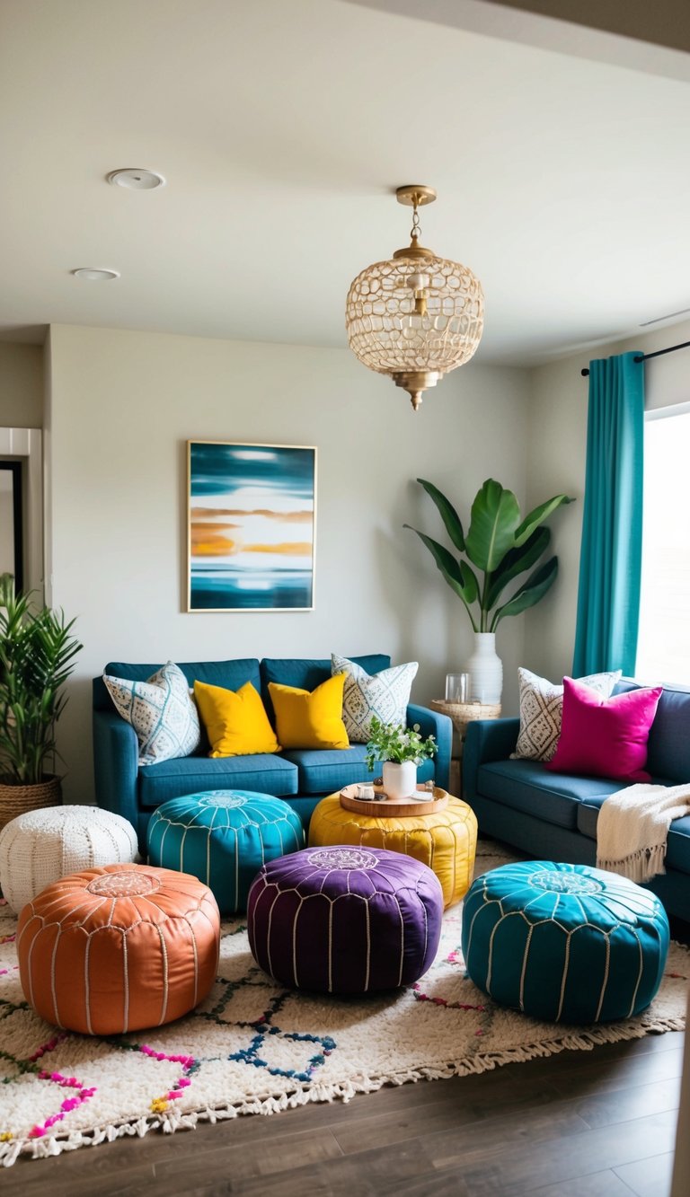 A cozy living room with colorful Moroccan poufs, Mediterranean decor, and budget-friendly touches