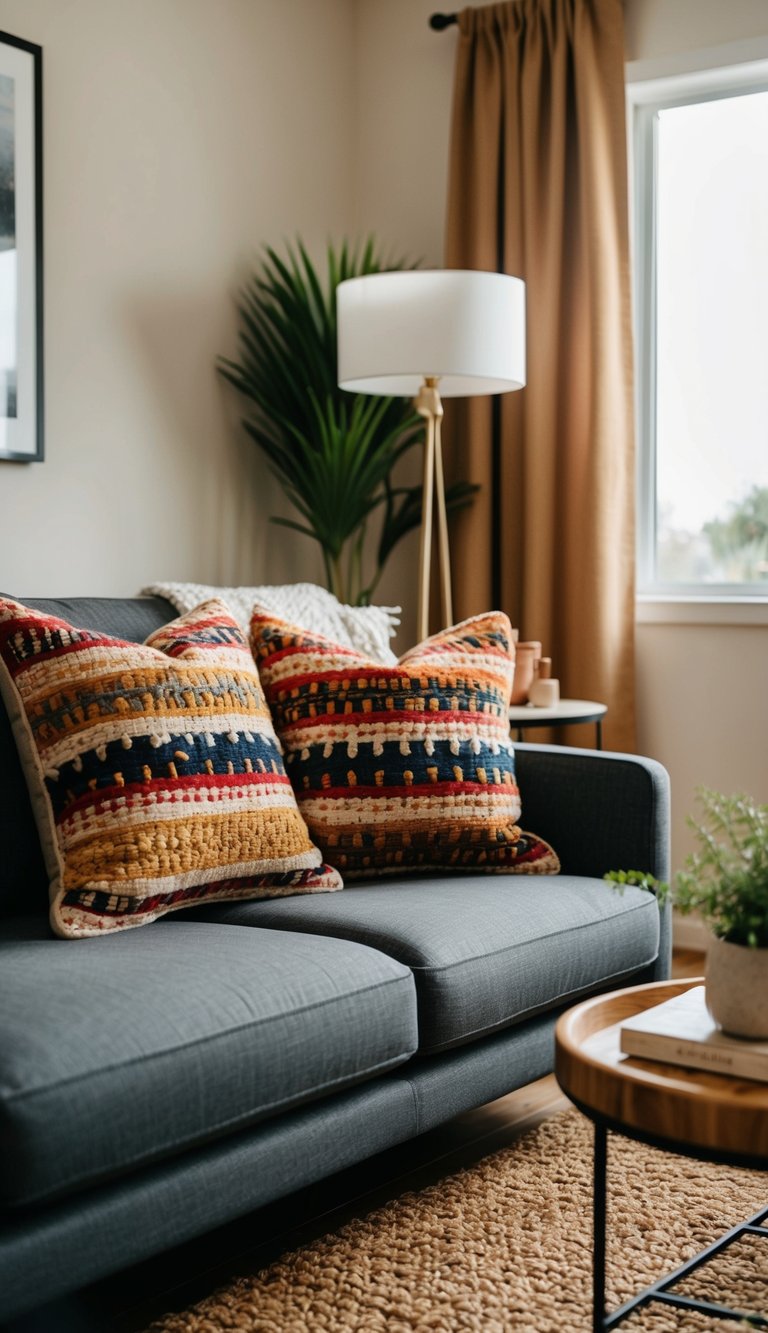 A cozy living room with Turkish kilim throw pillows on a budget. Mediterranean home decor with warm colors and natural textures
