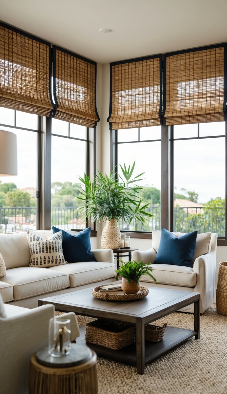 A cozy living room with bamboo Roman shades, Mediterranean decor, and budget-friendly furnishings