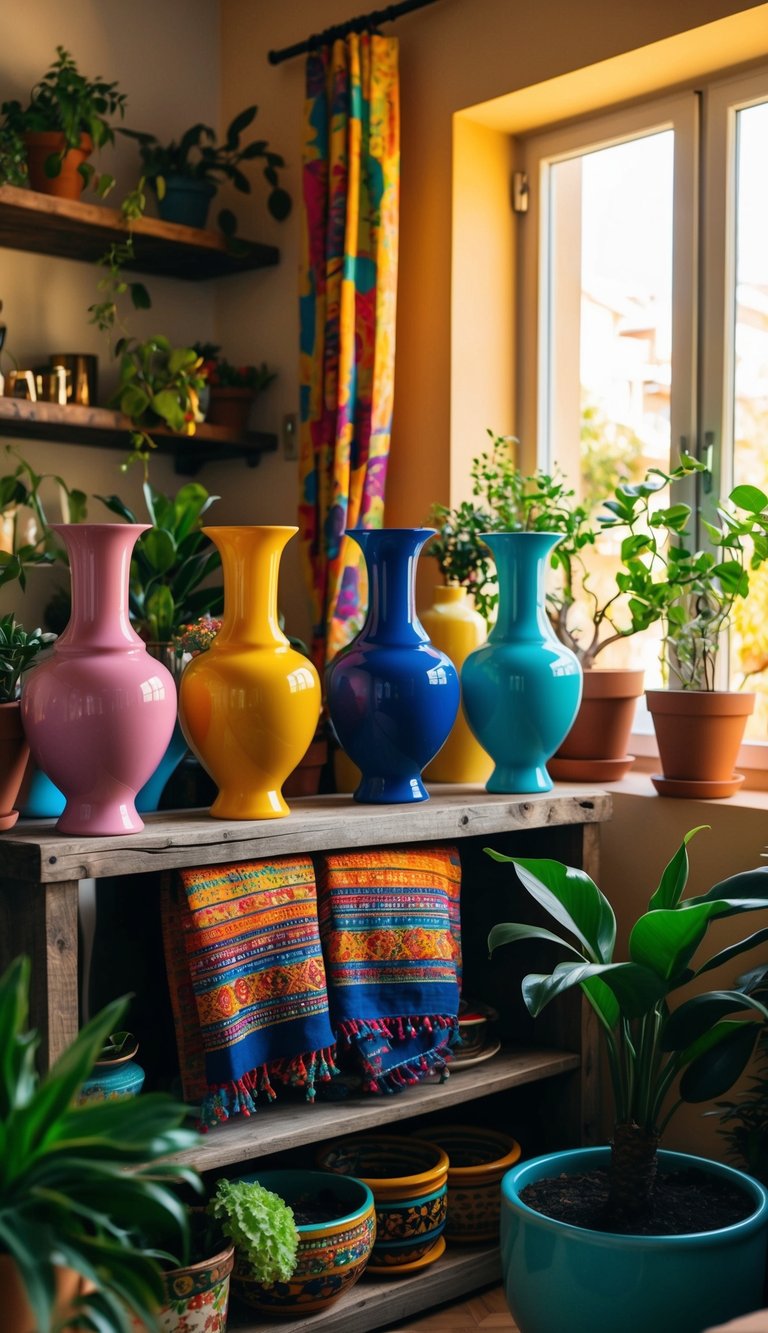 Colorful vases sit on a rustic wooden shelf, surrounded by vibrant textiles and potted plants. The warm Mediterranean sun streams through the window, casting a cozy glow on the eclectic living room decor