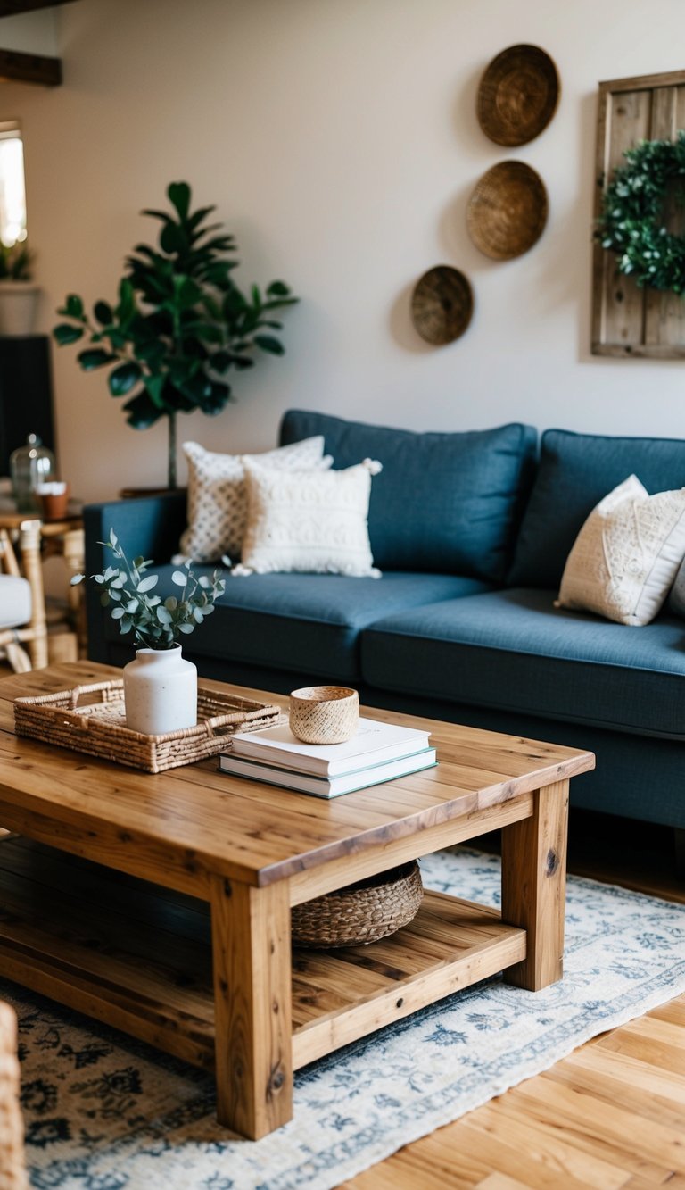 Rustic wooden coffee tables surrounded by Mediterranean home decor in a cozy living room on a budget