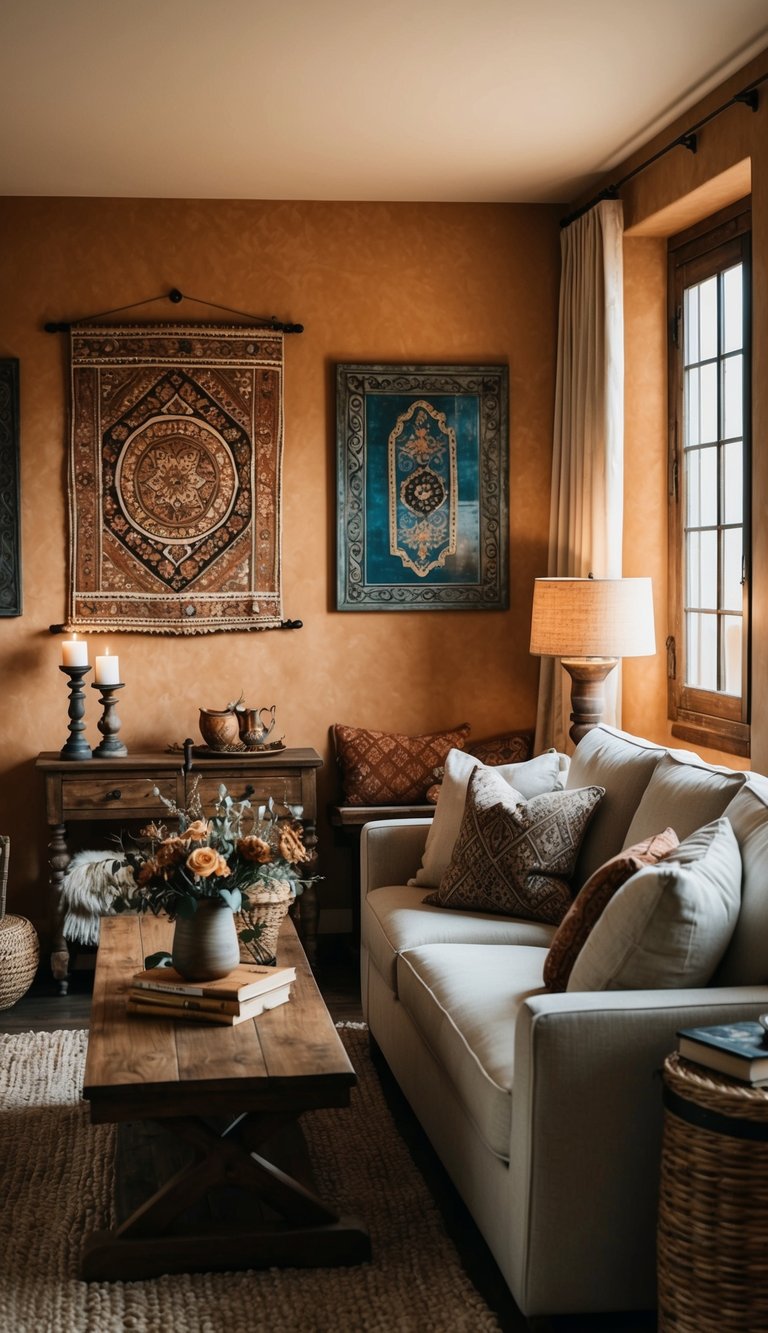 A cozy living room with vintage Mediterranean wall art, warm earthy tones, and rustic decor