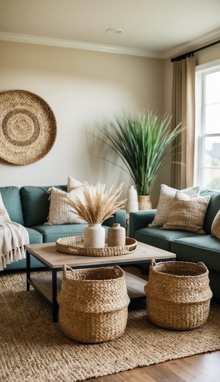 A cozy living room with seagrass baskets, woven rugs, and earthy tones