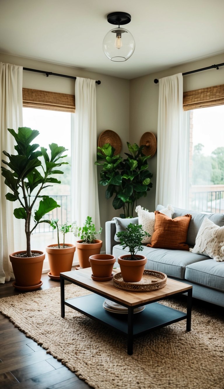 A cozy living room with terracotta planters, Mediterranean decor, and budget-friendly accents
