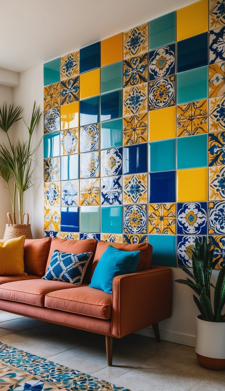 Colorful ceramic tiles arranged in a geometric pattern on the wall, adding a vibrant touch to the Mediterranean-inspired living room decor