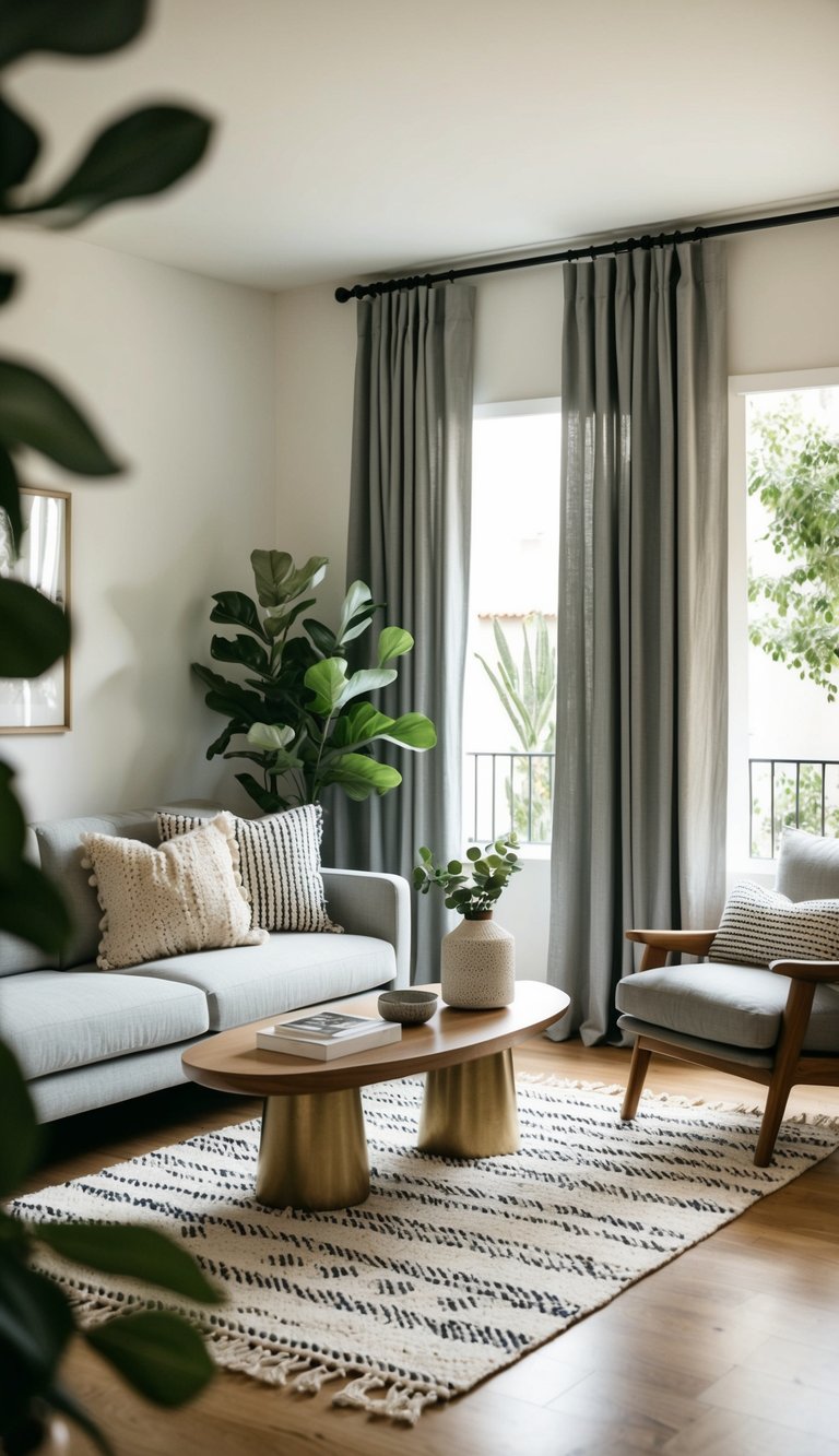 A cozy living room with monochromatic linen curtains and Mediterranean decor on a budget