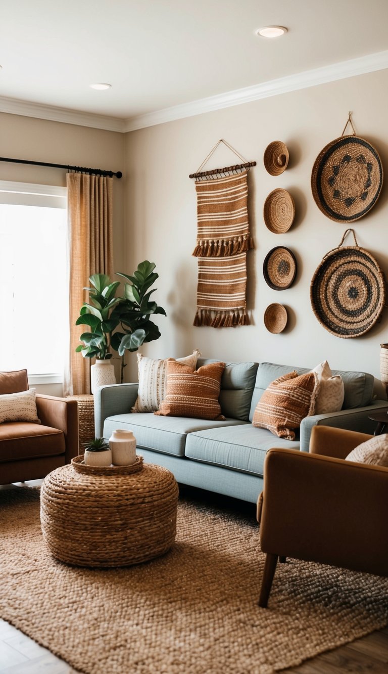 A cozy living room with woven wall hangings, warm Mediterranean decor, and budget-friendly furniture