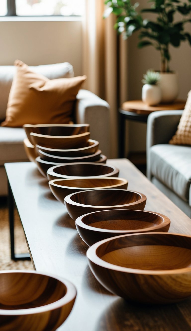 A collection of decorative wooden bowls arranged on a table in a Mediterranean-style living room with budget-friendly decor