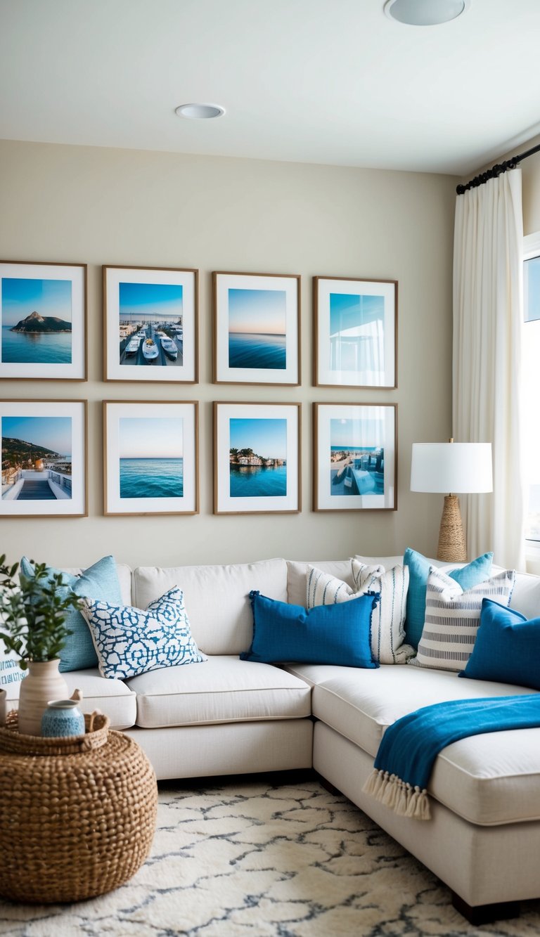 A cozy living room with coastal-themed photo frames and Mediterranean decor on a budget