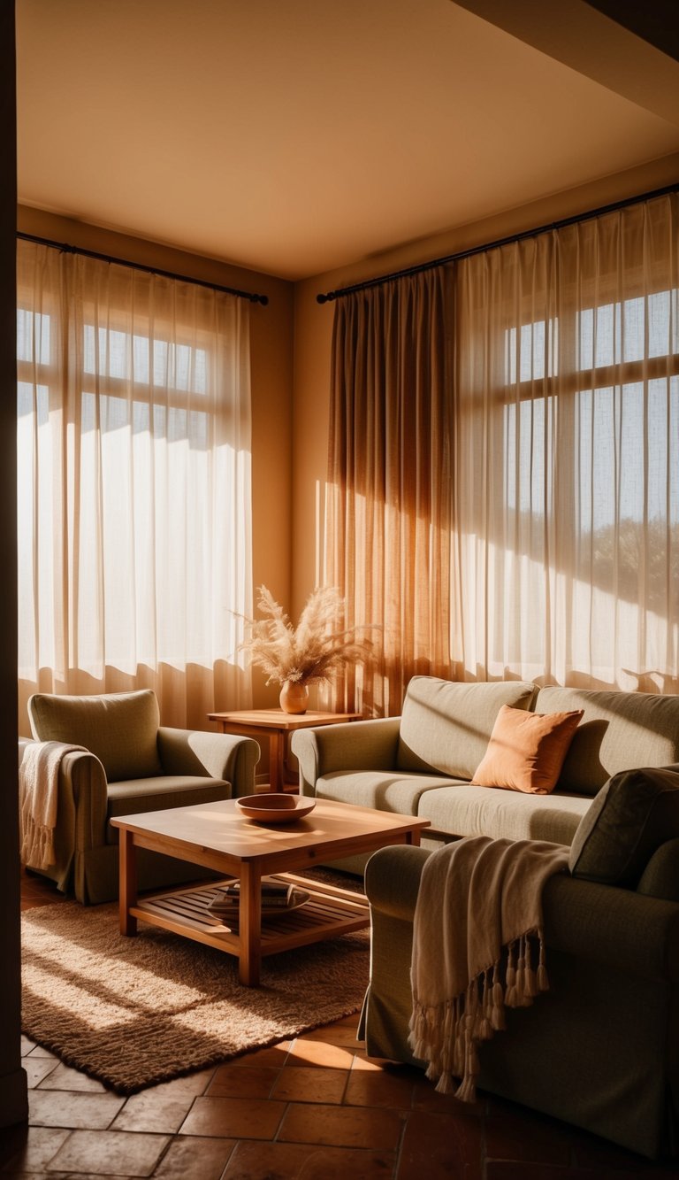 A cozy living room with earthy tones, wooden furniture, and soft, flowing fabrics. Sunlight filters through sheer curtains, casting warm shadows on the terra cotta floor