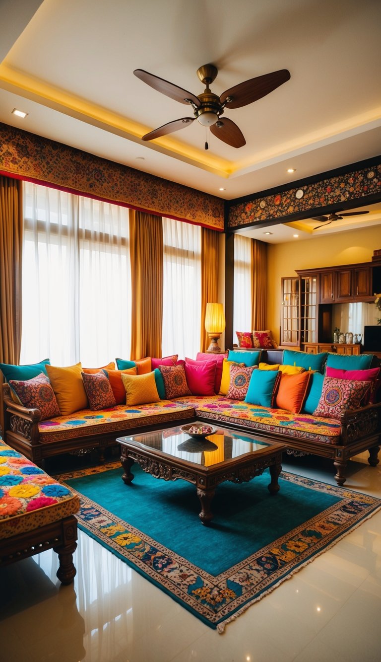 A cozy, modern Indian living room with colorful textiles, low seating, and intricate wooden furniture. Warm lighting and vibrant accents complete the budget-friendly decor