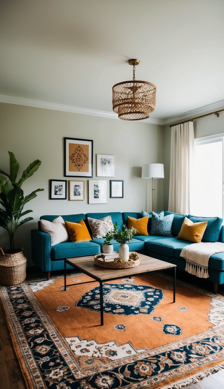 A cozy living room with vintage Indian rugs, modern Indian decor, and budget-friendly home decor ideas