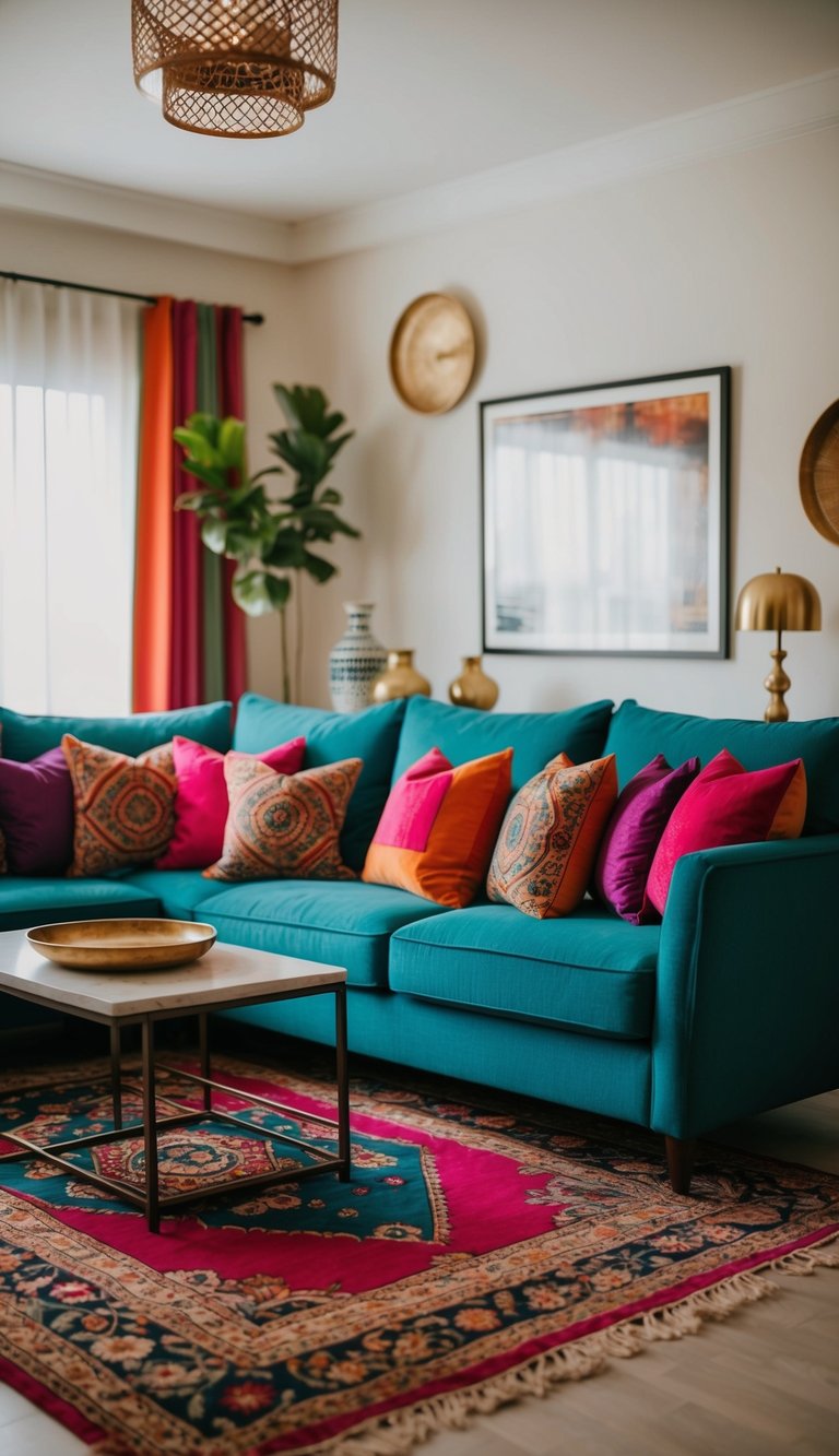 A cozy living room with vibrant cushion covers on a modern Indian decor theme
