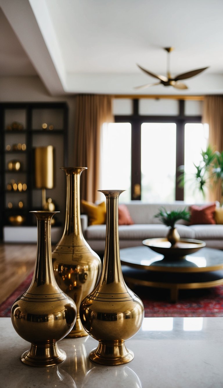 A modern Indian living room with brass vases as the focal point of the decor