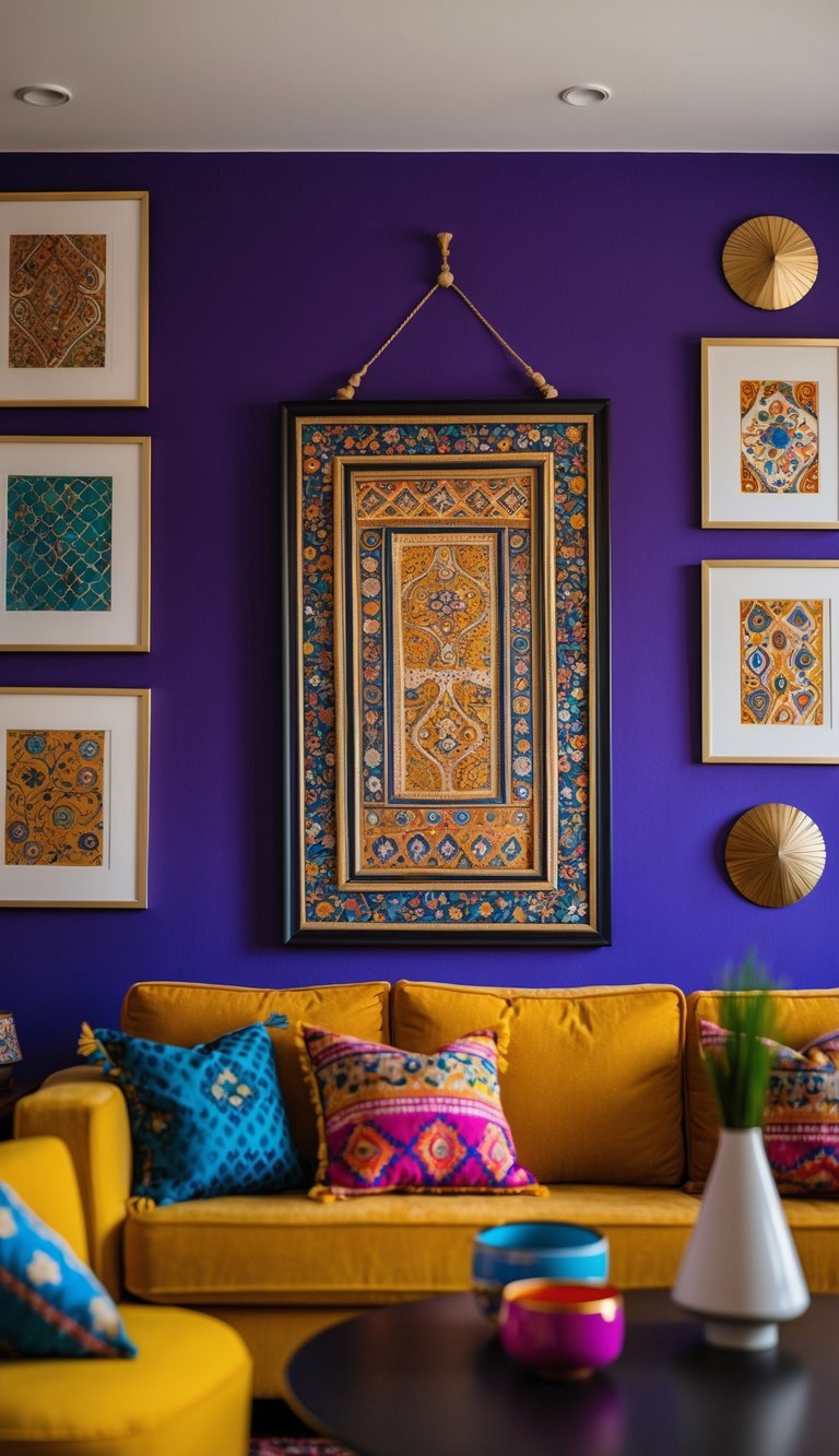 A framed Madhubani artwork hangs on a vibrant living room wall, surrounded by Indian modern decor