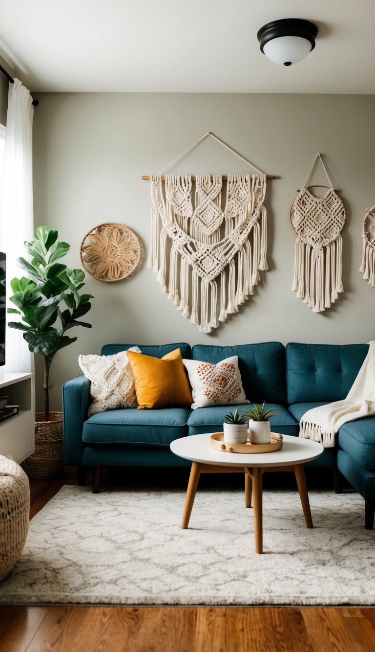 A cozy living room with DIY macrame wall hangings, modern Indian decor, and budget-friendly home decor ideas
