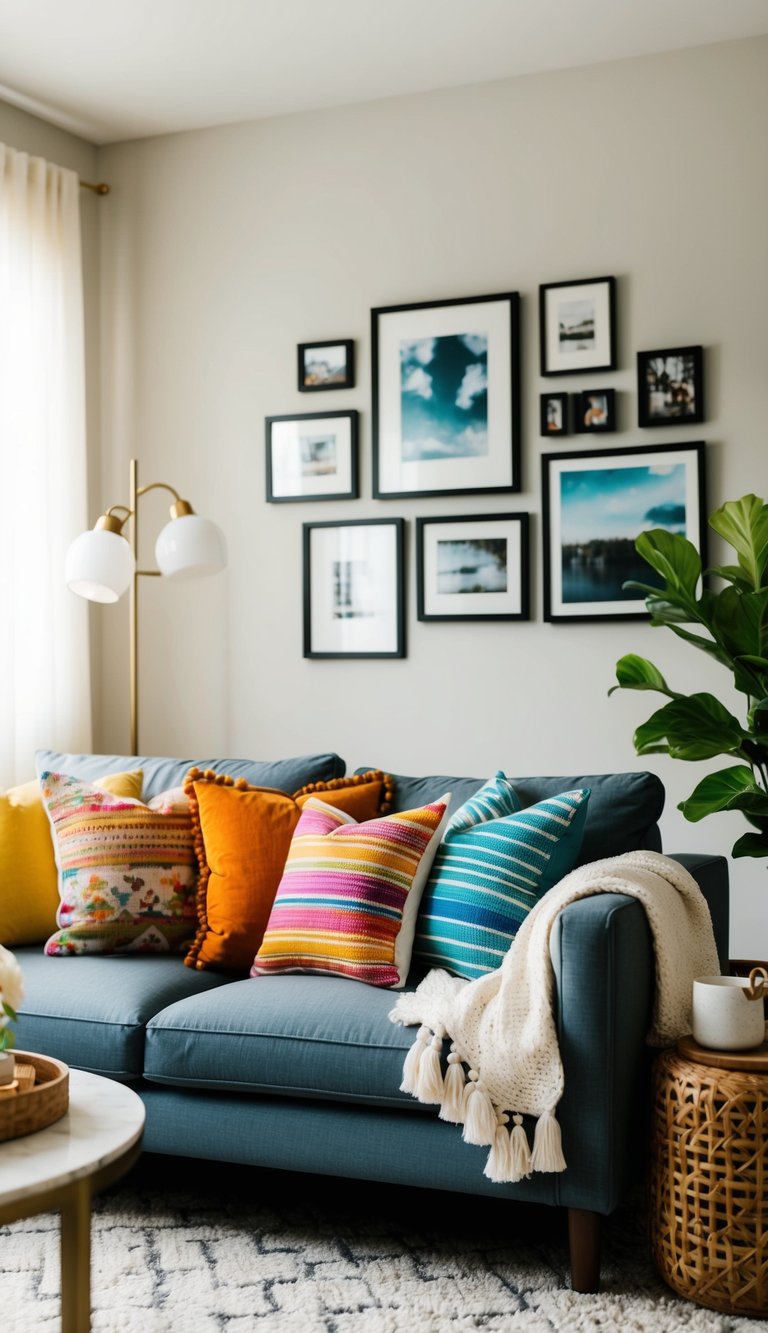 A cozy living room with a mix of colorful throw pillows on a budget-friendly modern Indian decor