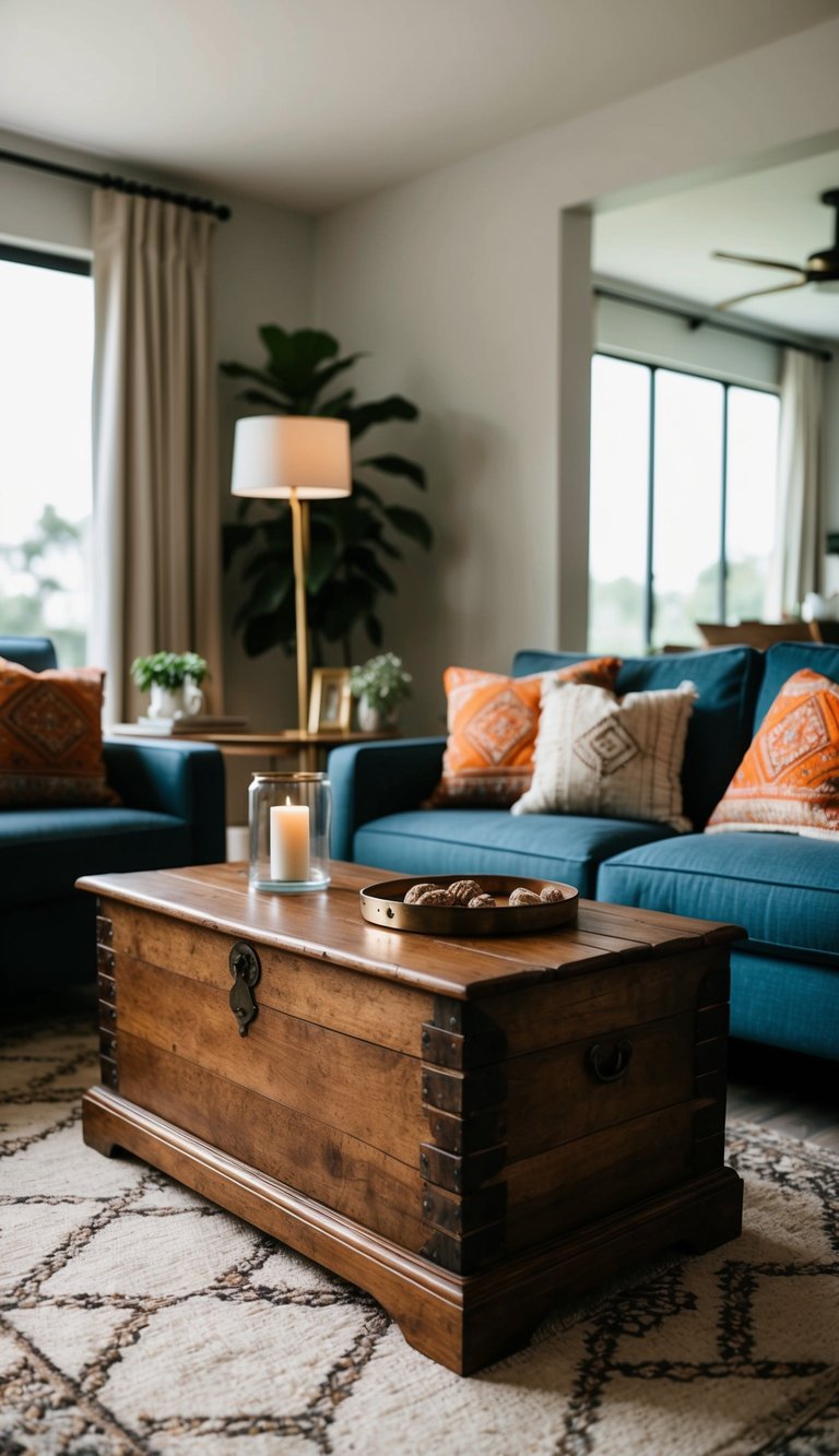 An old wooden chest repurposed as a coffee table in a cozy living room, surrounded by Indian-inspired decor and modern furniture