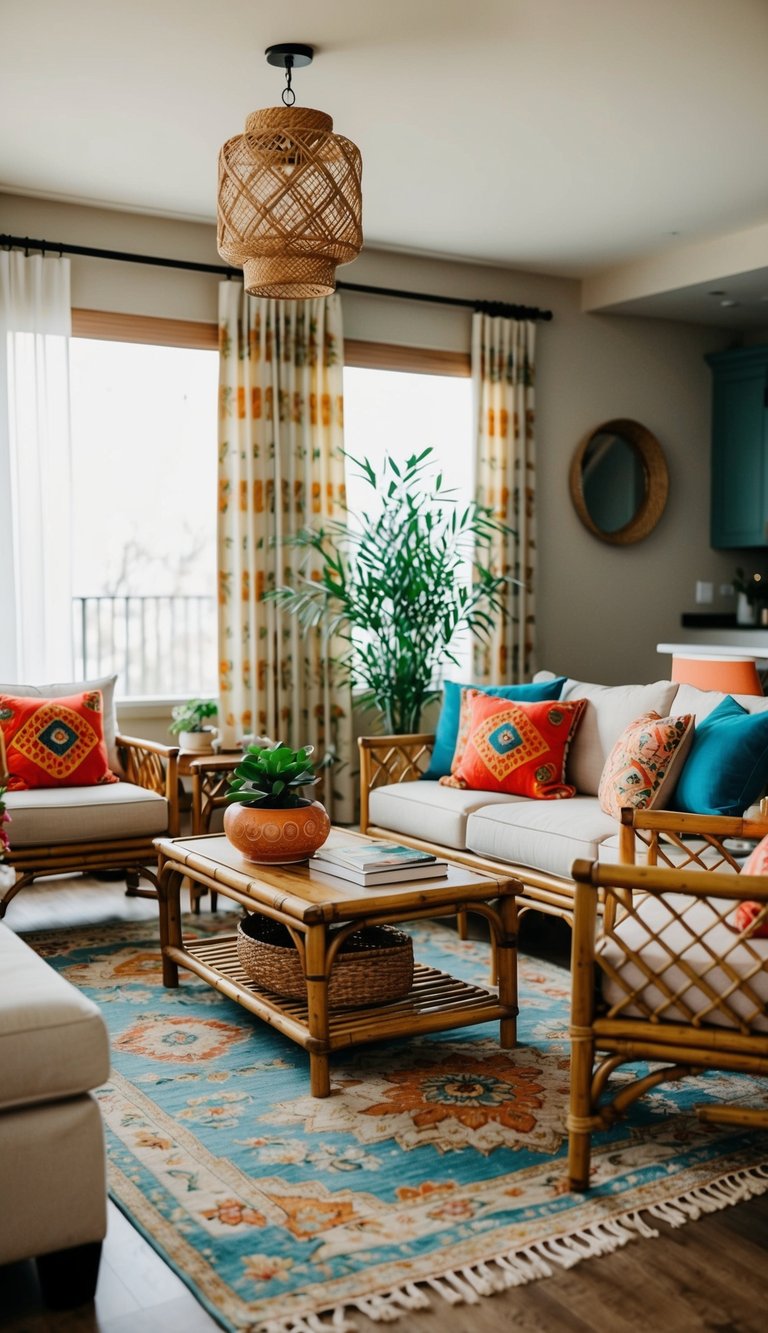 A cozy living room with bamboo furniture, vibrant Indian decor, and modern touches on a budget