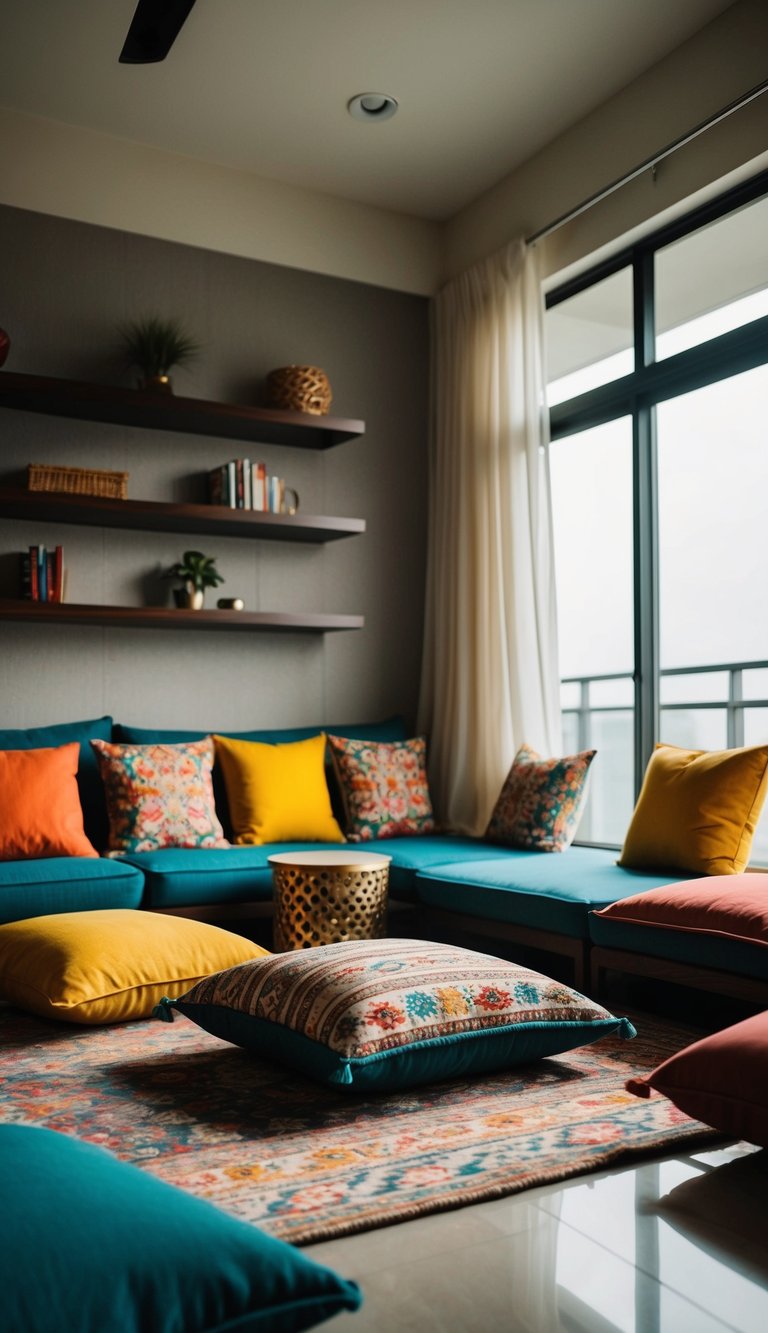 A cozy floor seating area with colorful cushions and low tables in a modern Indian living room