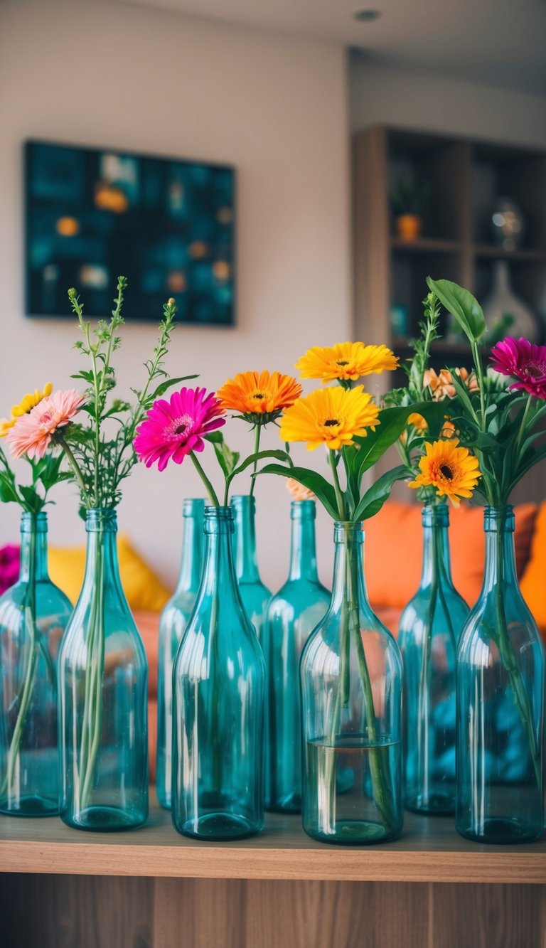 Empty glass bottles arranged as vases on a wooden shelf, filled with vibrant flowers. A modern Indian living room with budget-friendly decor