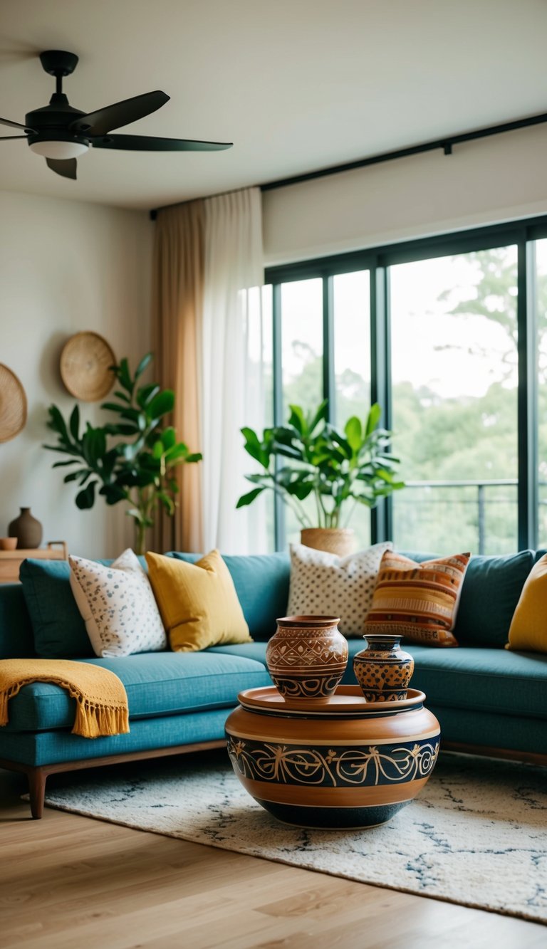 A cozy living room adorned with modern Indian pottery, adding a touch of traditional decor to the space