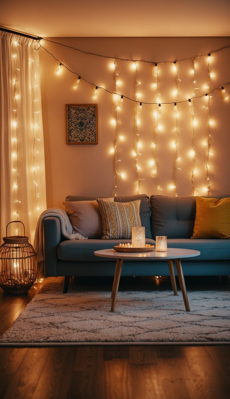 Warm fairy lights adorn a cozy living room with Indian modern decor, creating a budget-friendly ambiance for a peaceful evening