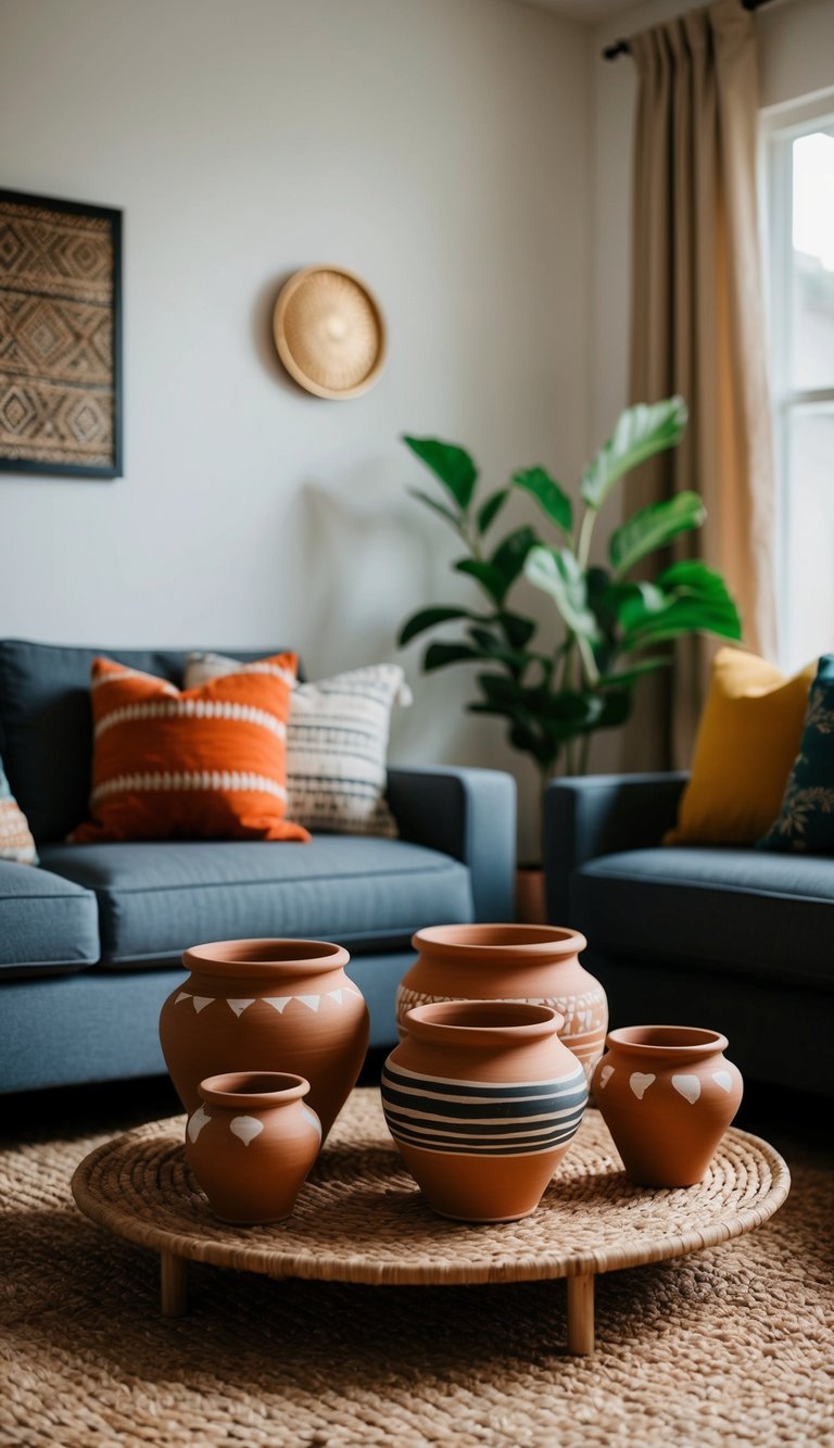 A cozy living room with hand-painted terracotta pots as modern Indian home decor on a budget