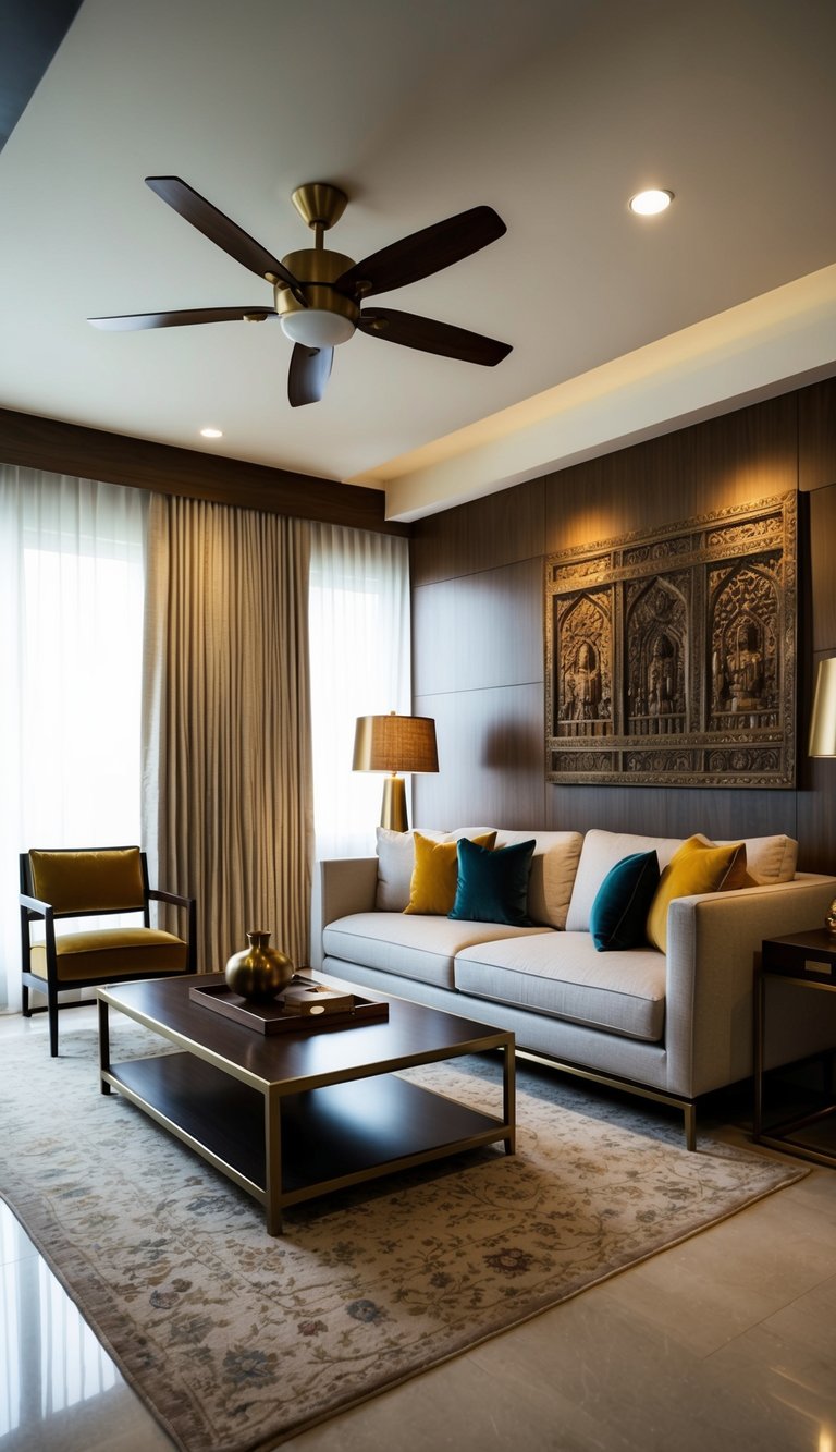 A modern Indian living room with metallic and wooden decor accents, including a sleek coffee table, brass lamps, and carved wooden wall art