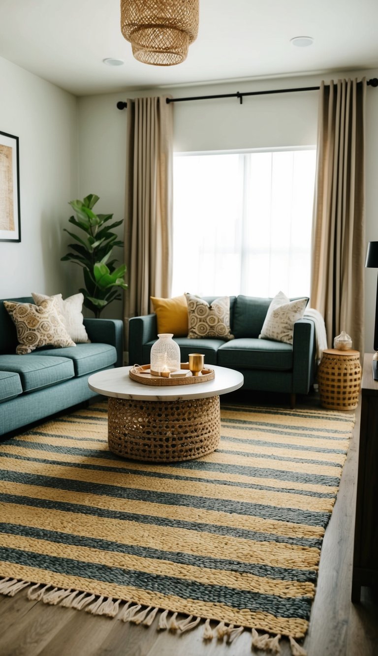 A cozy living room with handwoven dhurries as rugs, Indian modern decor, and budget-friendly home accessories
