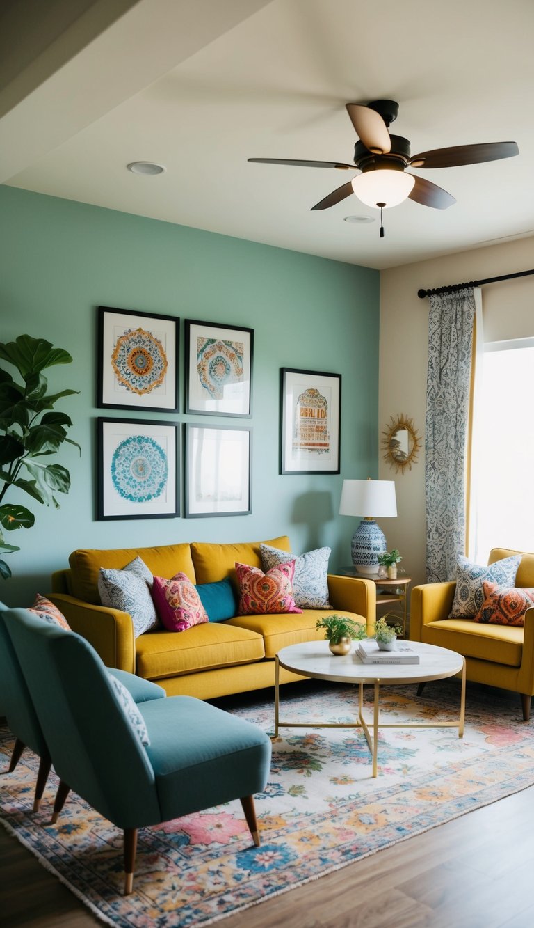 A cozy living room with modern Indian decor, featuring vibrant colors, intricate patterns, and stylish furniture on a budget