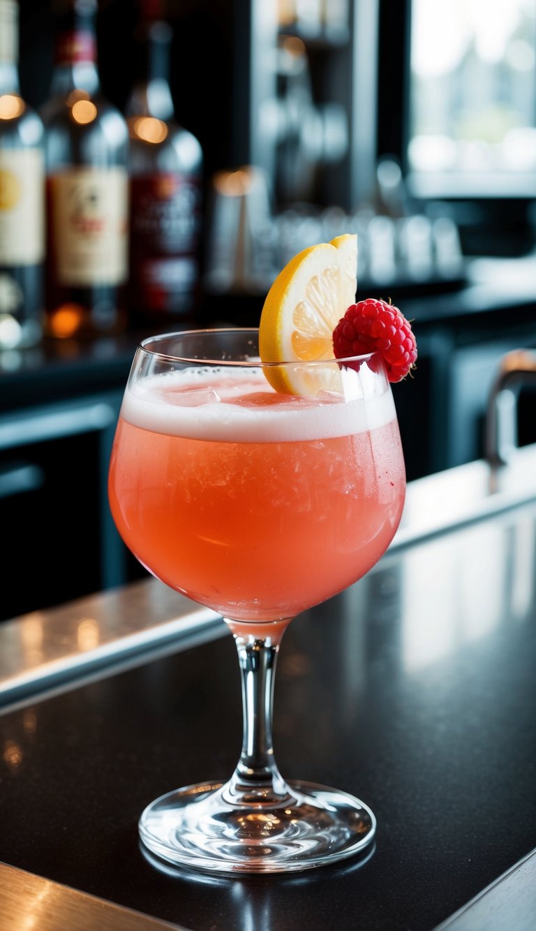A glass filled with raspberry vodka sour cocktail, garnished with a slice of lemon and a fresh raspberry, on a sleek bar counter