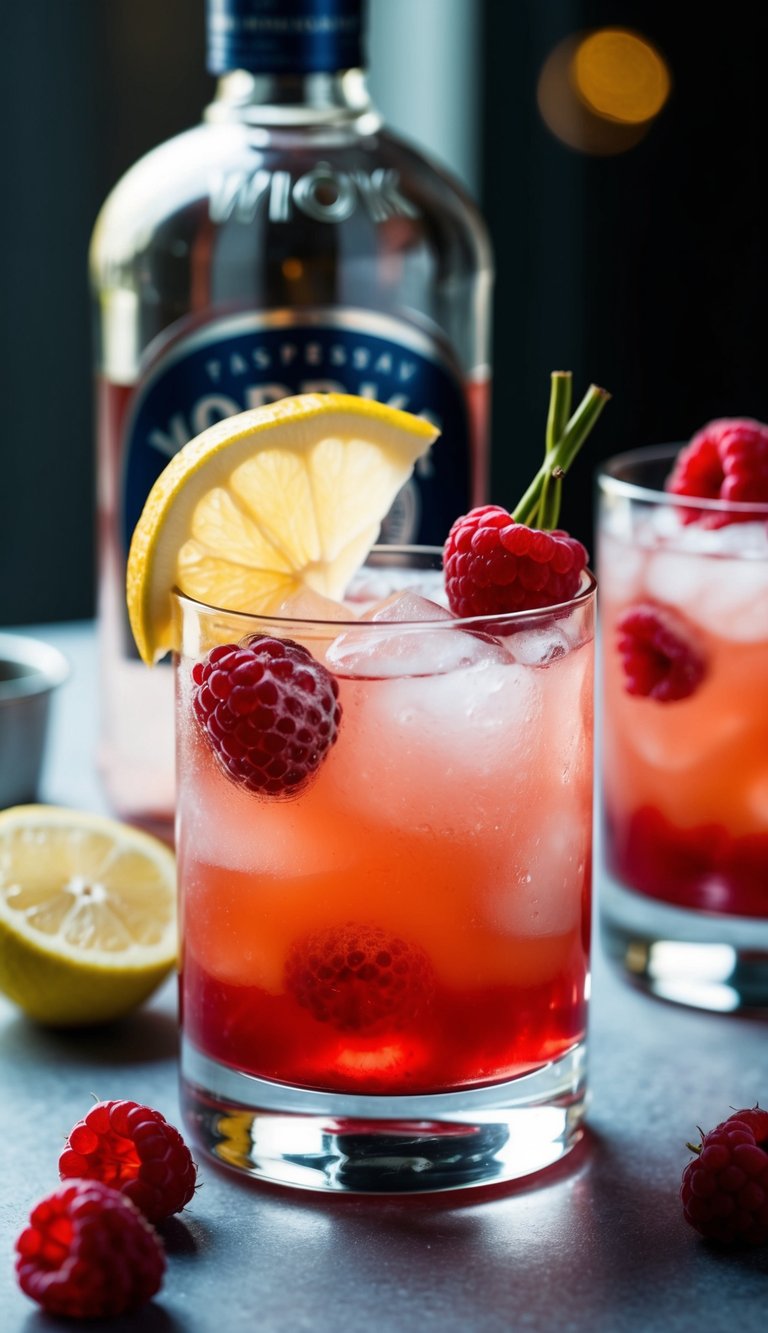 A glass filled with raspberry vodka, sour mix, and ice, garnished with fresh raspberries and a slice of lemon