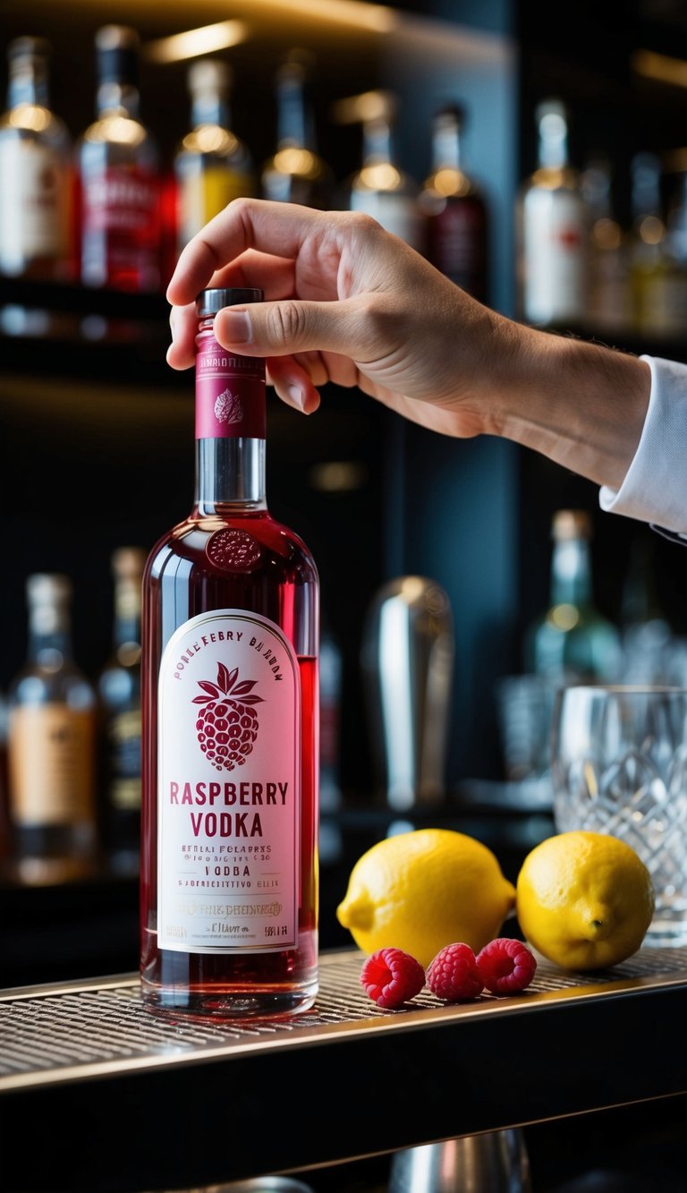 A hand reaching for a bottle of raspberry vodka on a bar shelf, with fresh raspberries and a lemon nearby for garnish