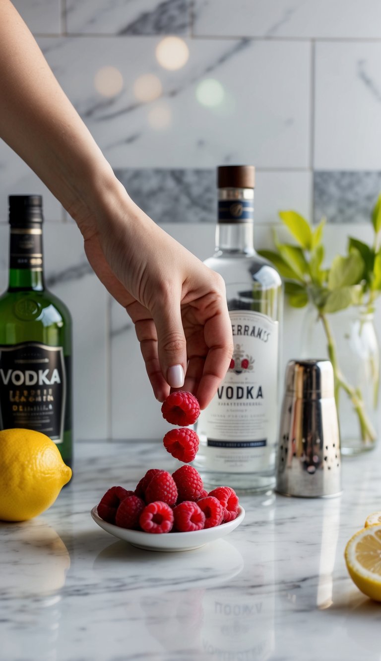A hand reaches for raspberries and a bottle of vodka on a marble countertop, with lemons and a cocktail shaker nearby