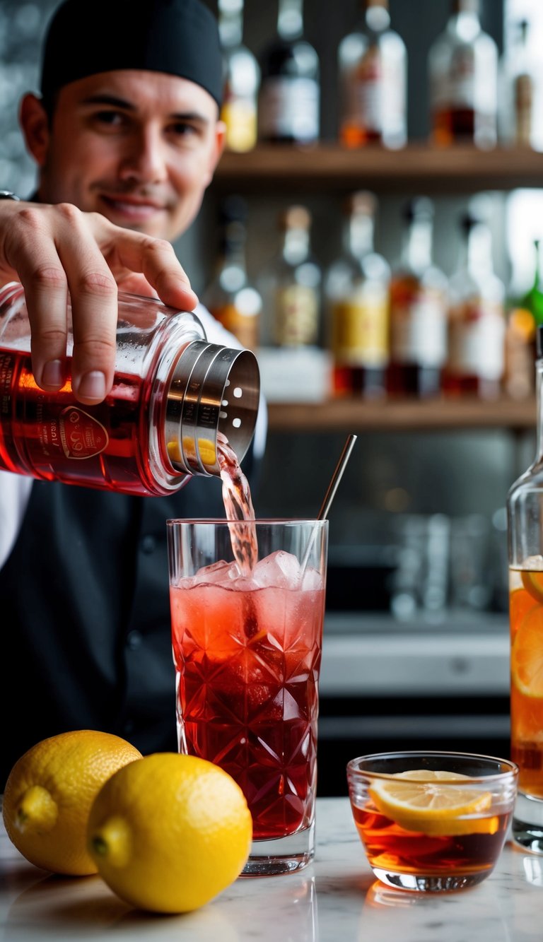 A bartender pouring raspberry vodka into a cocktail shaker, with fresh lemons and simple syrup nearby