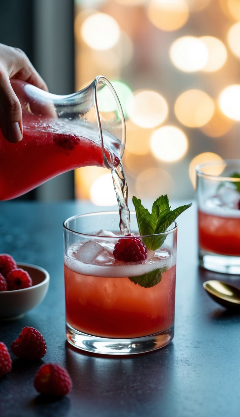 A raspberry vodka sour cocktail is being poured into a chilled glass and garnished with fresh raspberries and a sprig of mint